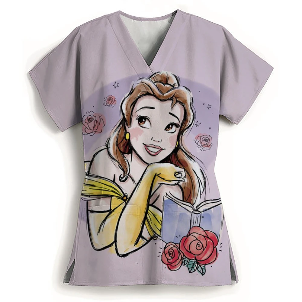 Disney Princess Pocket Women's V Neck Nurse Uniform T-Shirt Summer Short Sleeve 2024 Y2k New Dress Kawaii Woman Clothing S-3XL