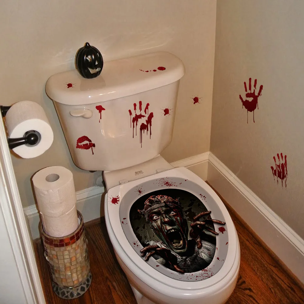 Halloween Screaming Zombie Toilet Sticker Stickers Home Topper Clings Covers Decor Bloody Handprint Set Applique Seat