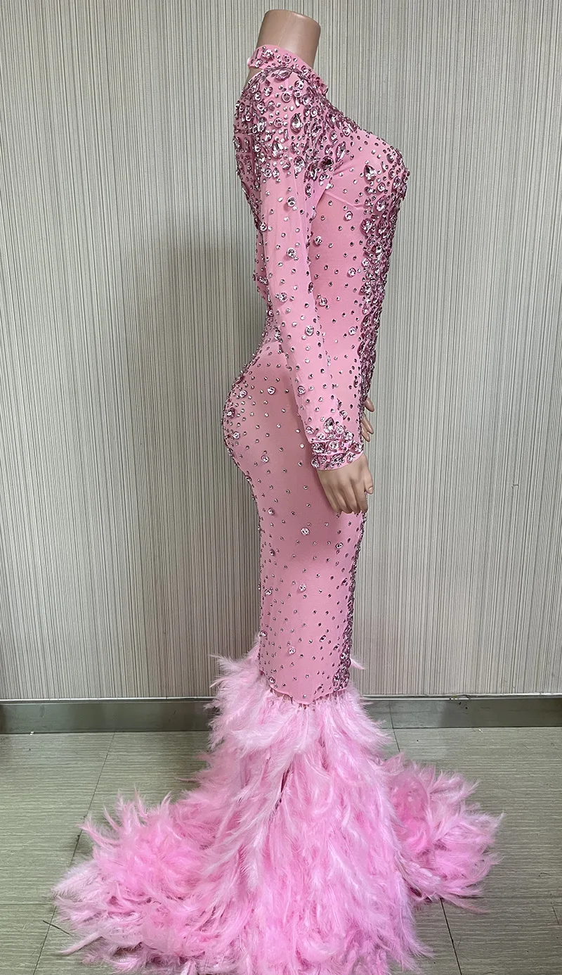 Customized New Long Sleeve Feather Streaking lace  High Elastic Sequins Sexy Tight Dress Birthday Party  Dress Performance Dress