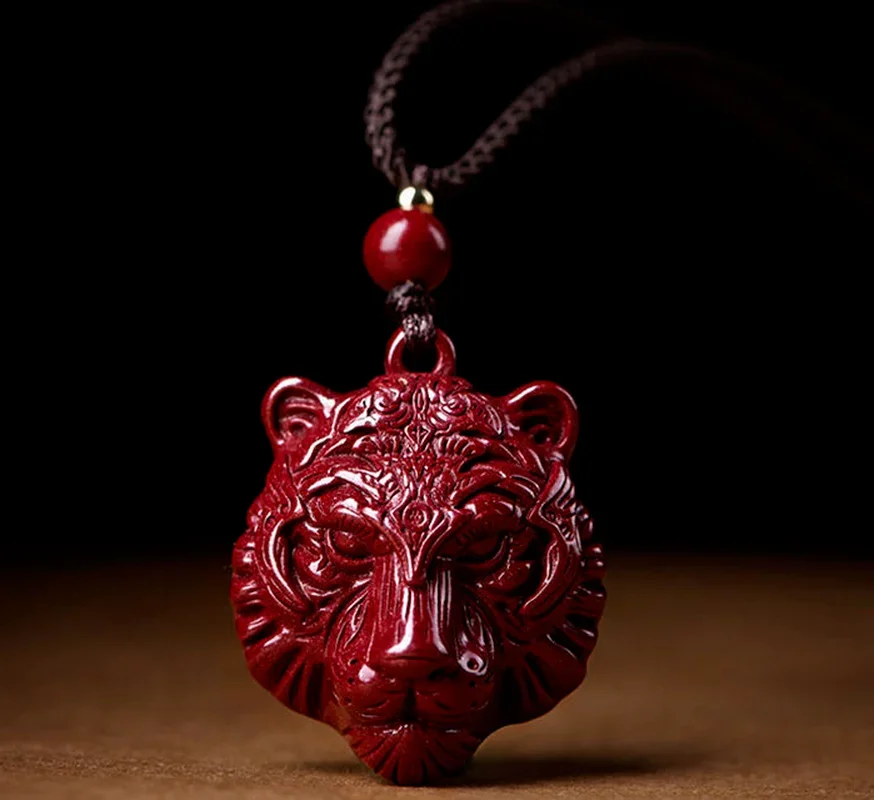 Fashion Cinnabar Jade Tiger Head Pendant Necklace Jewellery Chinese Hand-Carved Healing Women Man Luck Gift Sweater Chain