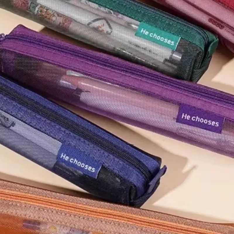 Transparent Mesh Pencil Bag with Zipper Portable Mini Pen Pouch Cute Simple Stationery Case for School Office