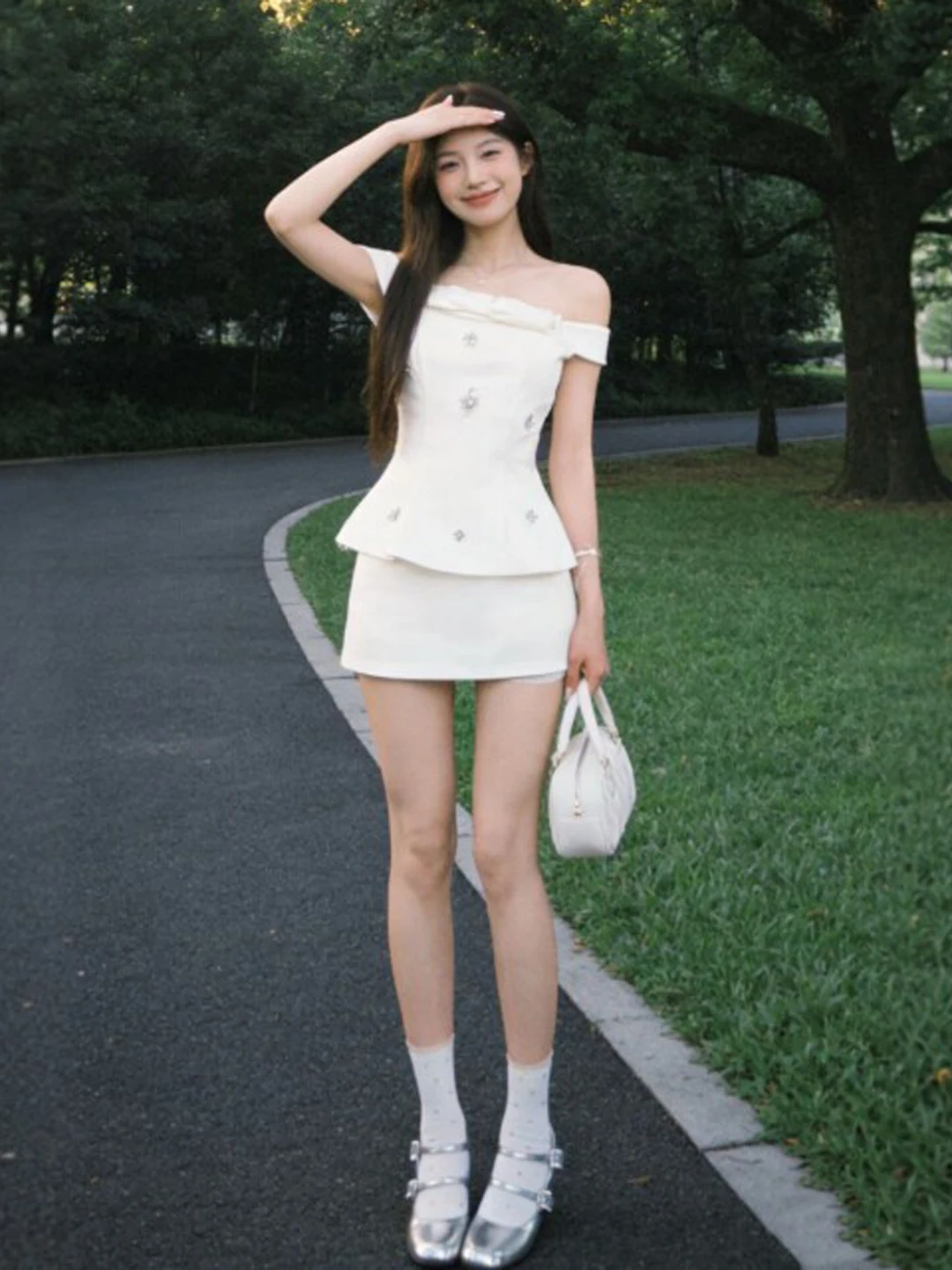 

Элегантный уникальный комплект с короткой юбкой на одно плечо, летний, удобный, дышащий, с завышенной талией, с узлом, повседневный, модный, женский