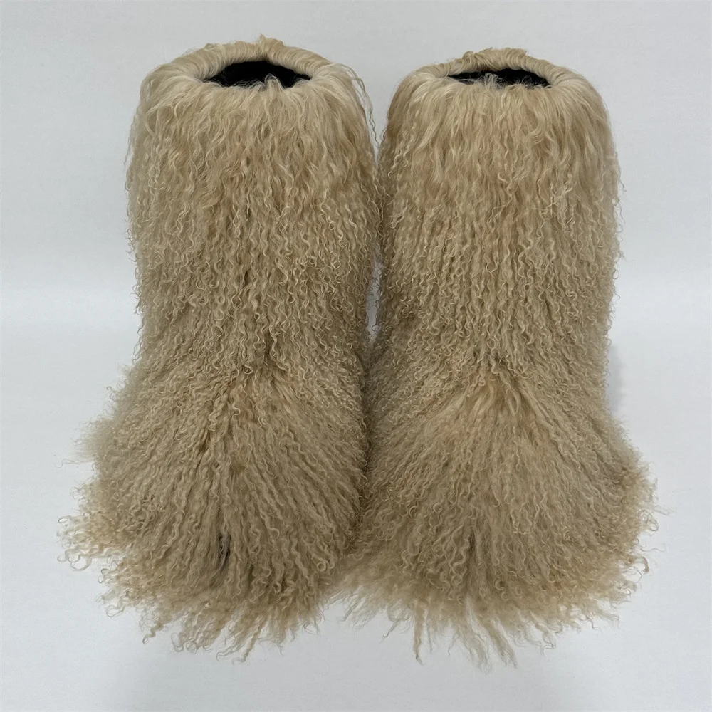 

Зимние женские модные сапоги Y2K до середины икры из натурального монгольского меха и шерсти, теплые хлопковые сапоги для снега