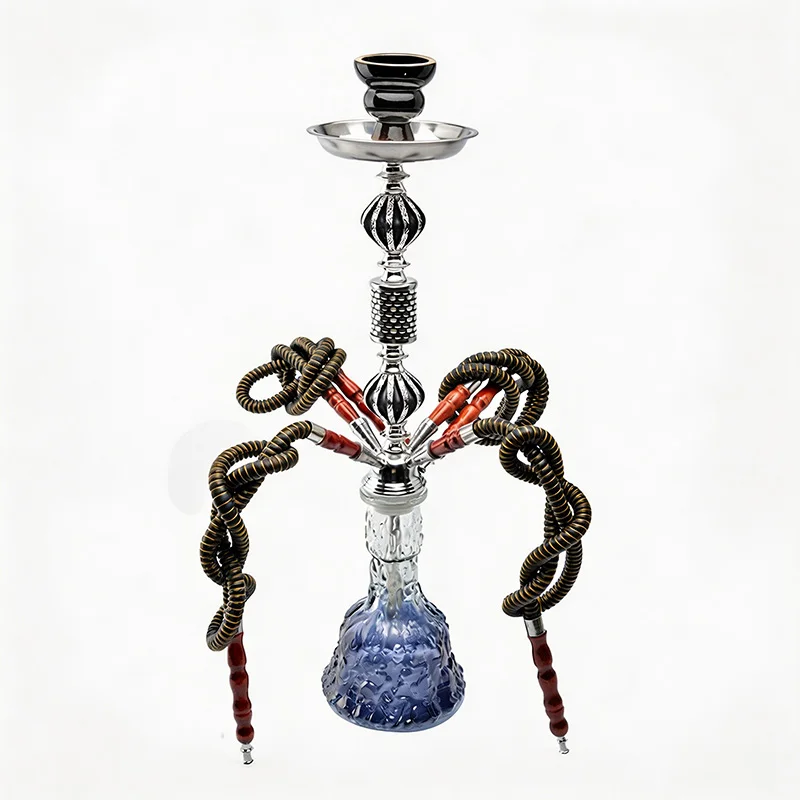 Hookah Shisha Complete Set Embossed Blue Glass Base Narguile Chicha Water Pipe for Bar Party Household Gathering Smoking Kit