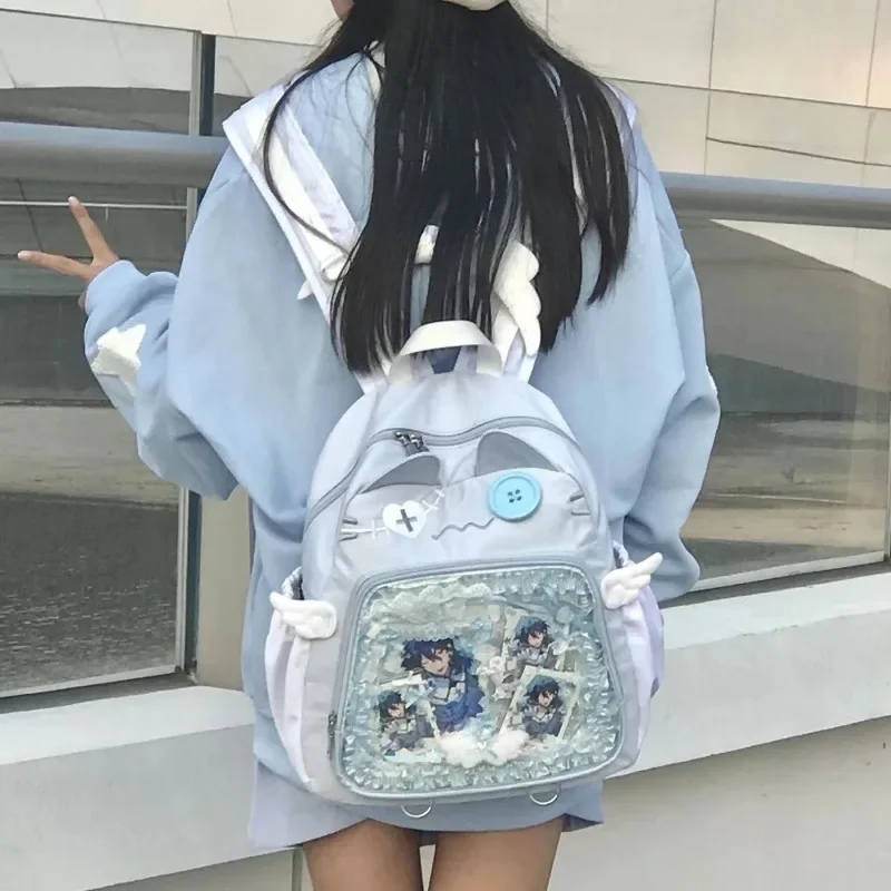 Mochila Xiuya con bonito gato para mujer, bolso Ita transparente de nailon de estilo japonés, mochilas estéticas femeninas de gran capacidad