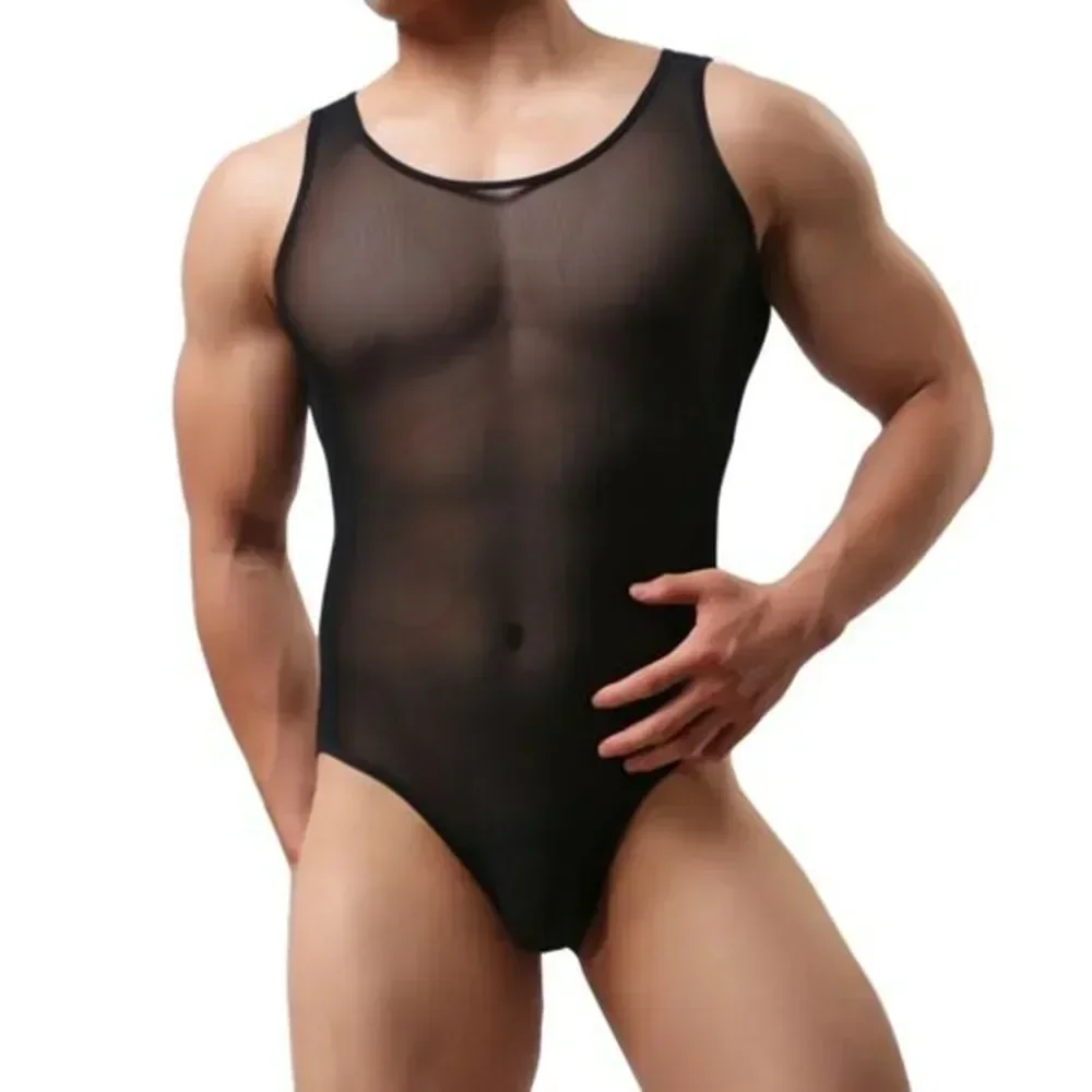 Men\'s Leotard Tan Tops Singlet Bodysuit Elastic Mesh Sheer Jockstrap Bulge Pouch Panties Lingerie Underwear Man Jumpsuit