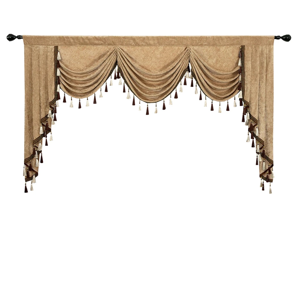 

Brown Chenille Waterfall Valances for Kicthen Window Living Room Swags Pelmet Valance Curtains for Bedroom