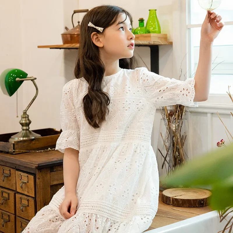 Embroidered Hollow Out Kids Dress For Girls 6 7 8 9 10 11 12 13 14 15 16 17 18 Year White Dress Vacation Festival Birthday Party