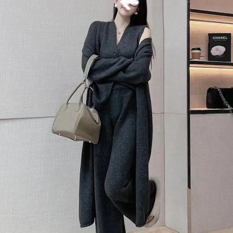 

Elegant Knitted Three-piece Sets For Women Single Breasted Cardigan Tank Top High Waist Wide Leg Long Pants Sweater Suits New