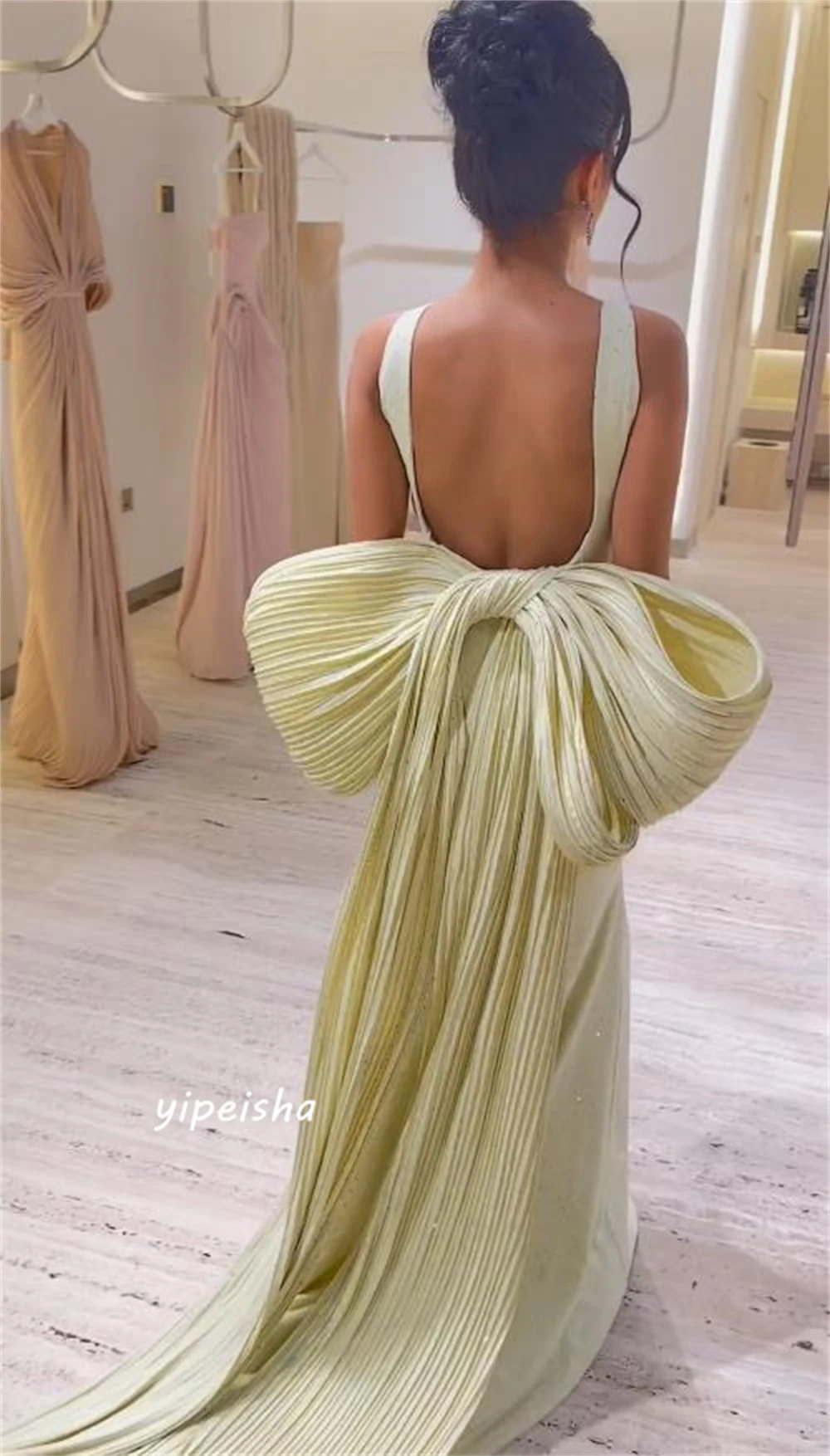 Customized Sexy Sexy Casual Jewel Sheath Quinceanera Open Back Bows Draped Floor Length Skirts Charmeuse Evening