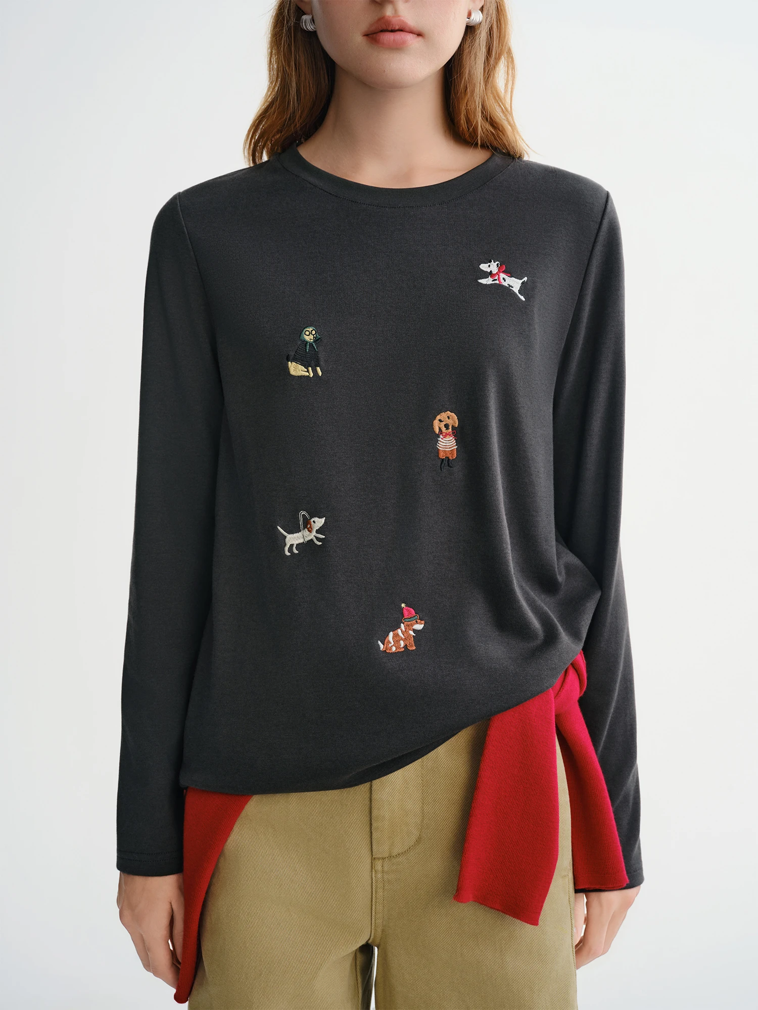 DUSHU Puppy Fun Embroidered Thin Fleece Long Sleeve T-shirt Women's Autumn and Winter Bottoming Shirt Top Sweet Casual