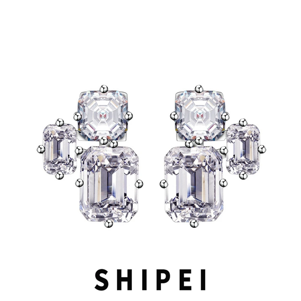 

SHIPEI Solid 925 Sterling Silver Emerald Cut White Sapphire Gemstone Fine Jewelry Fashion Women Ear Studs Earrings Wholesale