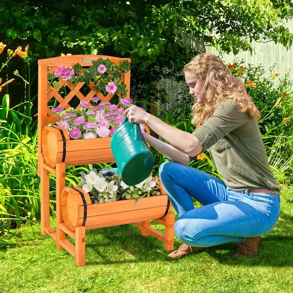 2-Tier Wooden Garden Bed with Diamond Lattice Trellis, Elevated Planter for Balcony or Patio, Orange