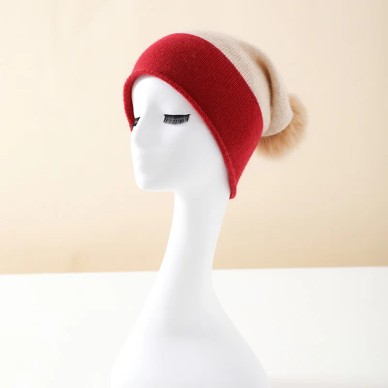 

2025 Высококачественная зимняя женская бархатная шапка без головы из 100% чистого кашемира, вязаная модная уличная теплая шапка с цветными блоками