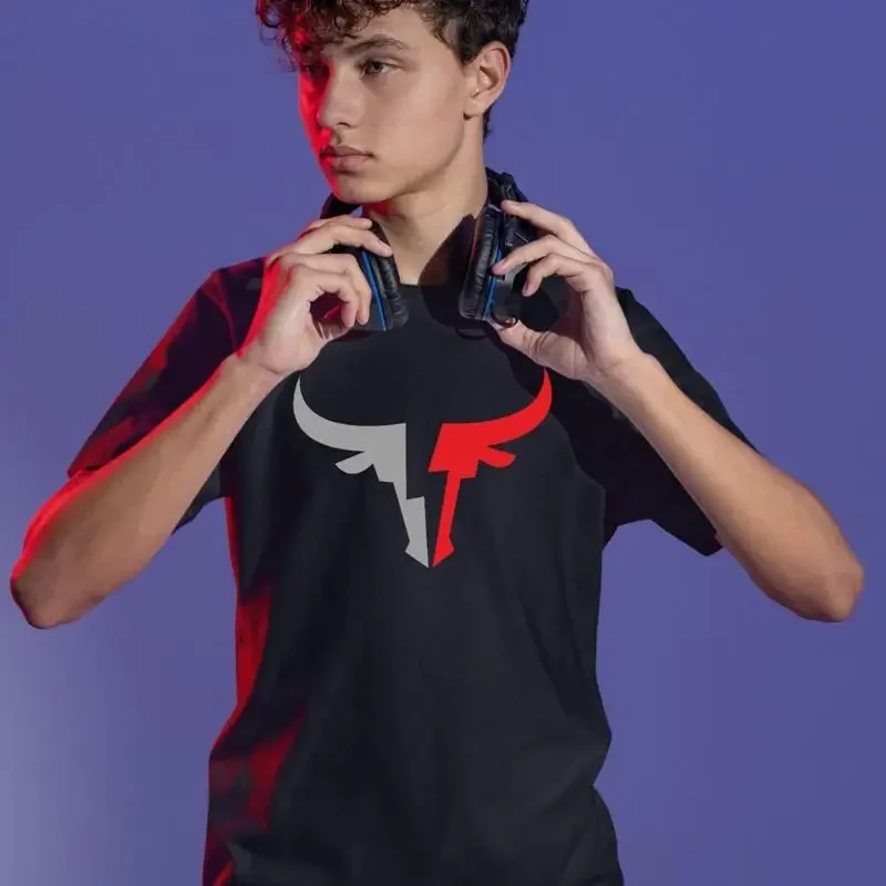 Camiseta con logotipo de Gaming Bull, ropa de calle minimalista roja y gris
