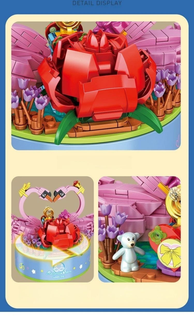 Moc girando rosa cisne amor pássaros caixa de música blocos de construção conjunto romântico ganso decoração brinquedos aniversário feriado presentes do dia dos namorados