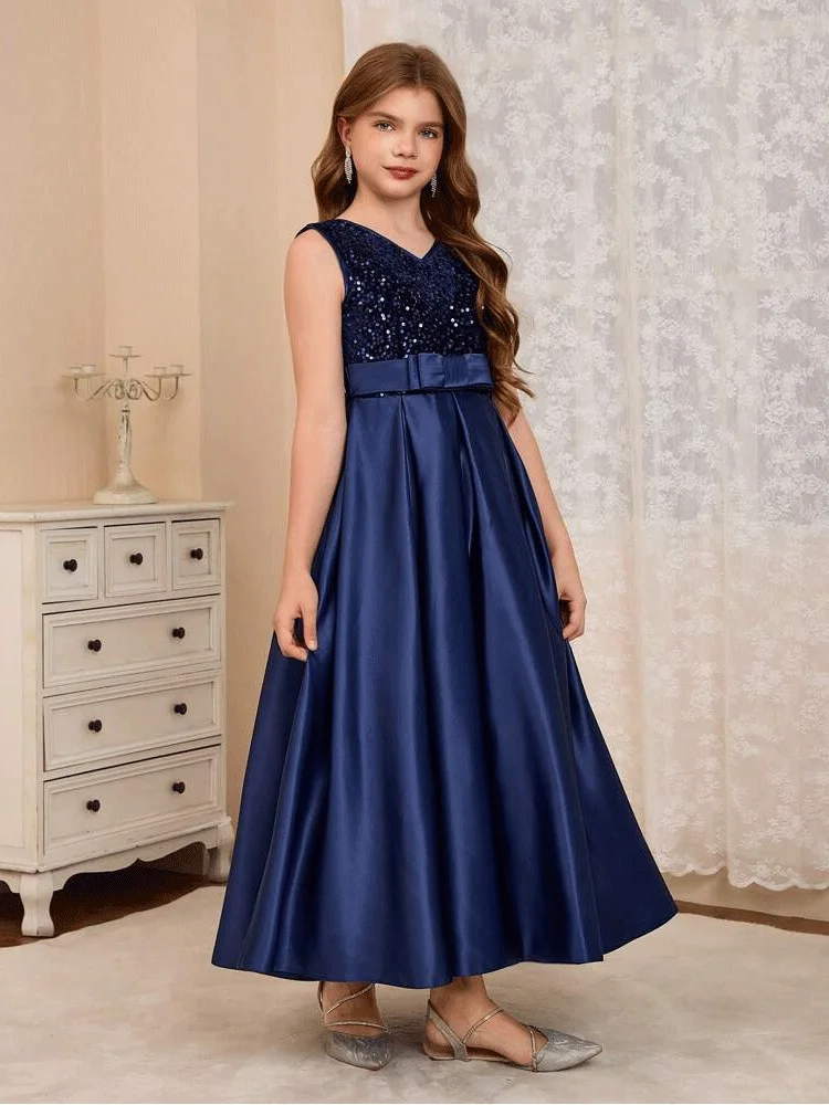 V-Neck Blue Bow Shiny Satin Glitter Girl Evening Dress Luxury Girl Birthday Evening Dress Girl Show Festival Dress