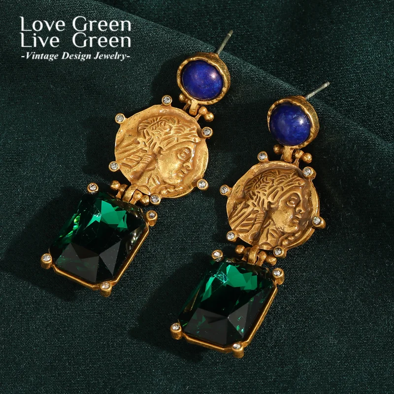 

Vintage Zircon Green Earrings Drop Gold Color Ancient Coin Cameo Crystal Luxury Designer Pendant Woman Jewelry Christmas 2025