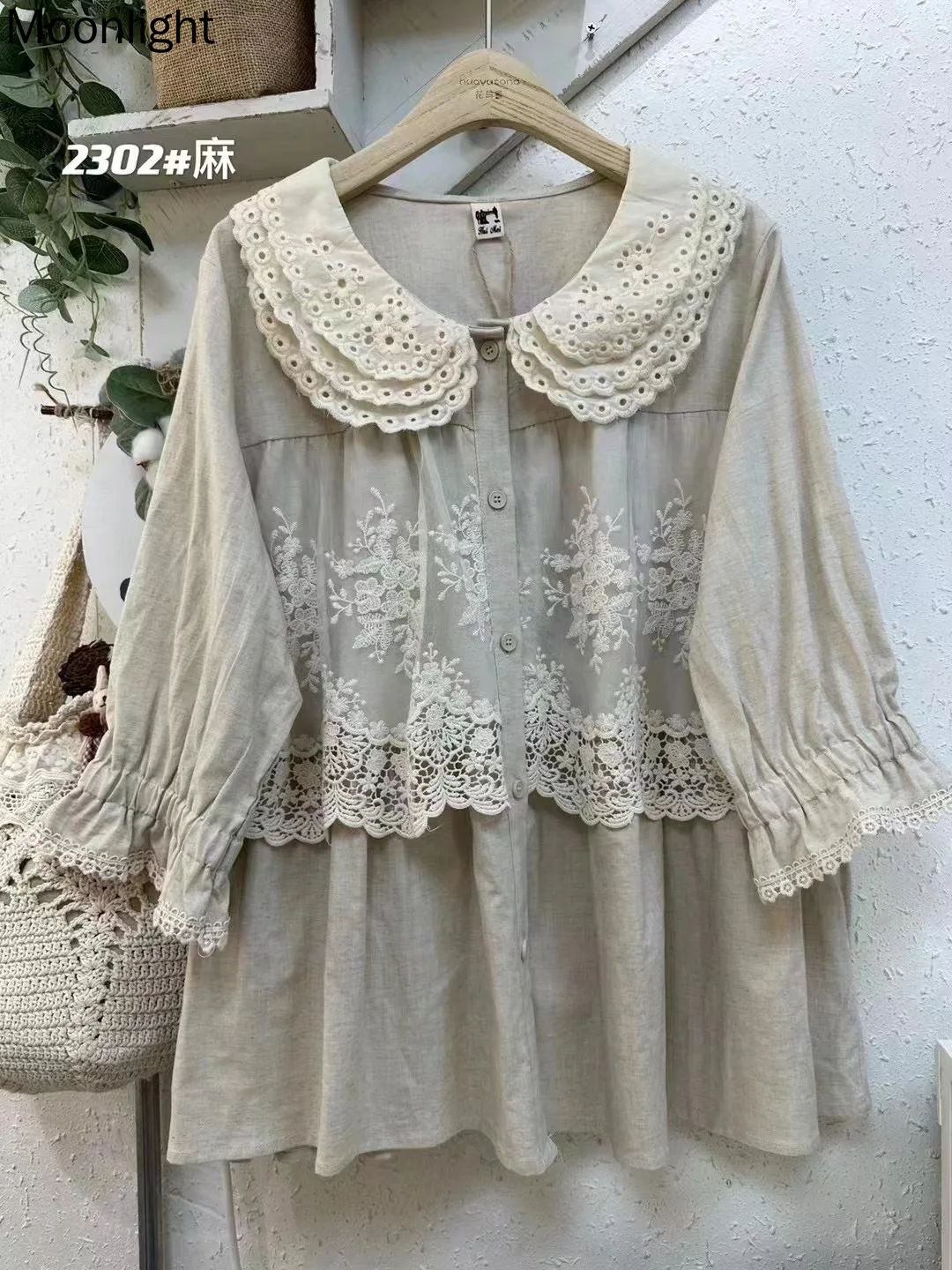 Sweet Mori Girl Blouse Women Tops New In Autumn Lace Patchwork Doll Collar Shirt Loose Wide Cotton Linen Shirt Cottage Blouses