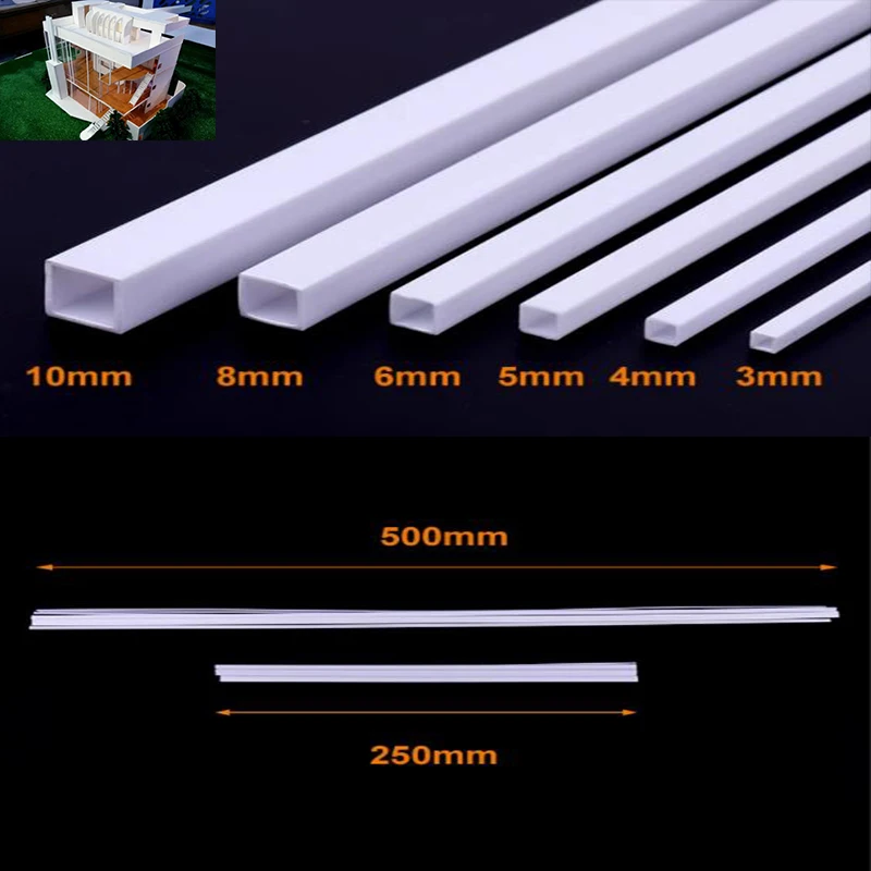 10Pcs ABS Plastic Square Tube Hollow Square Bar Rods Styrene Rod for DIY Sand Table Architectural Model Making