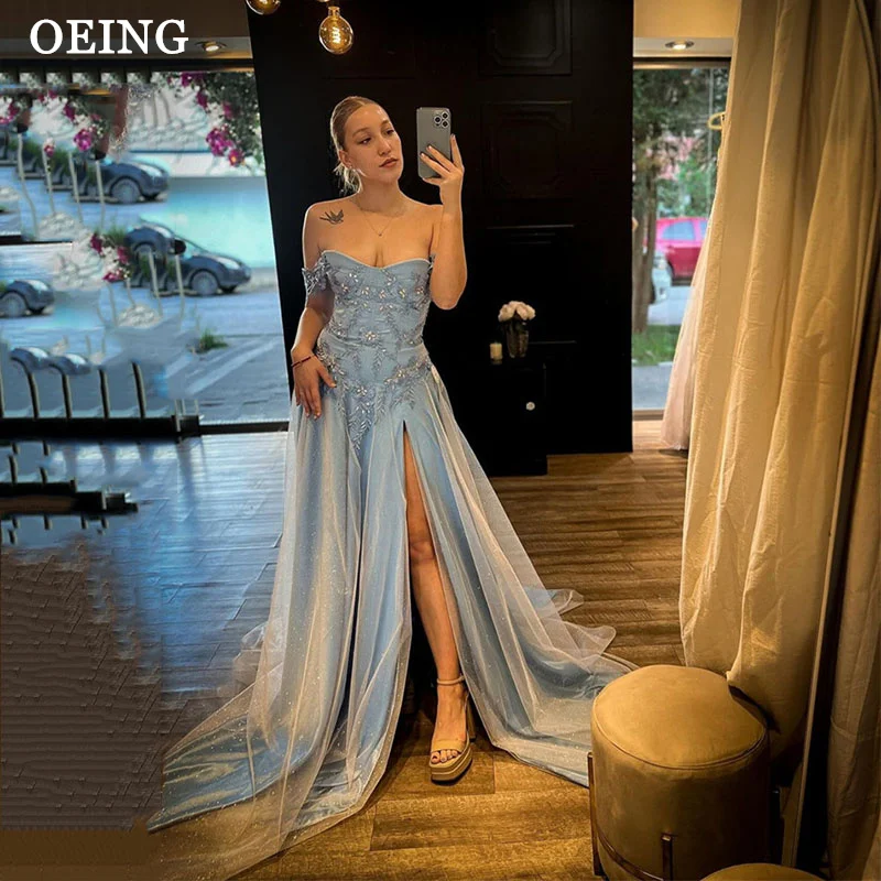 

OEING Sky Blue Prom Gowns Elegant Off The Shoulder Side Split A-Line Floor Length Wedding Party Dresses Vestidos De Novia