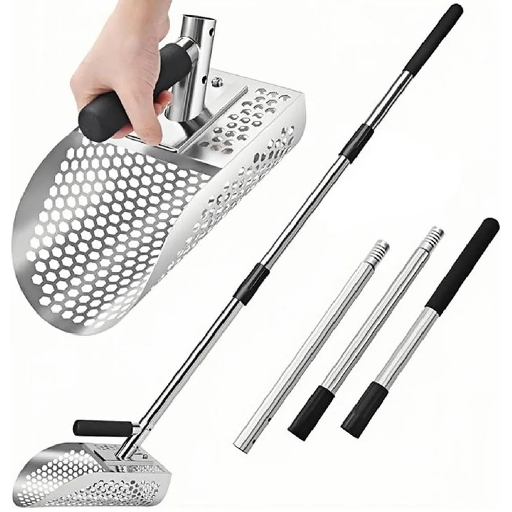 Stainless Steel Sand Scoop Metal Detecting Tool Adjustable Length Handle Digging Shovel Multi-Function for Treasure Hunting