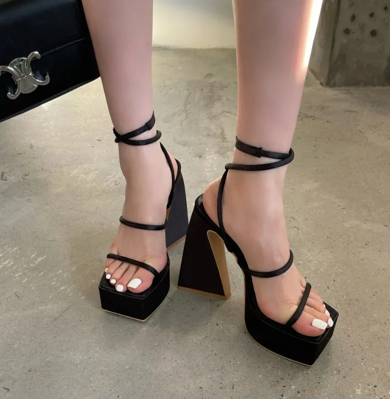 Fashion Women\'s Sandals Party Pumps Silk 12CM Square Heel Summer Buckle Strap Multicolor Thin Band Stage Perform Women Shoes