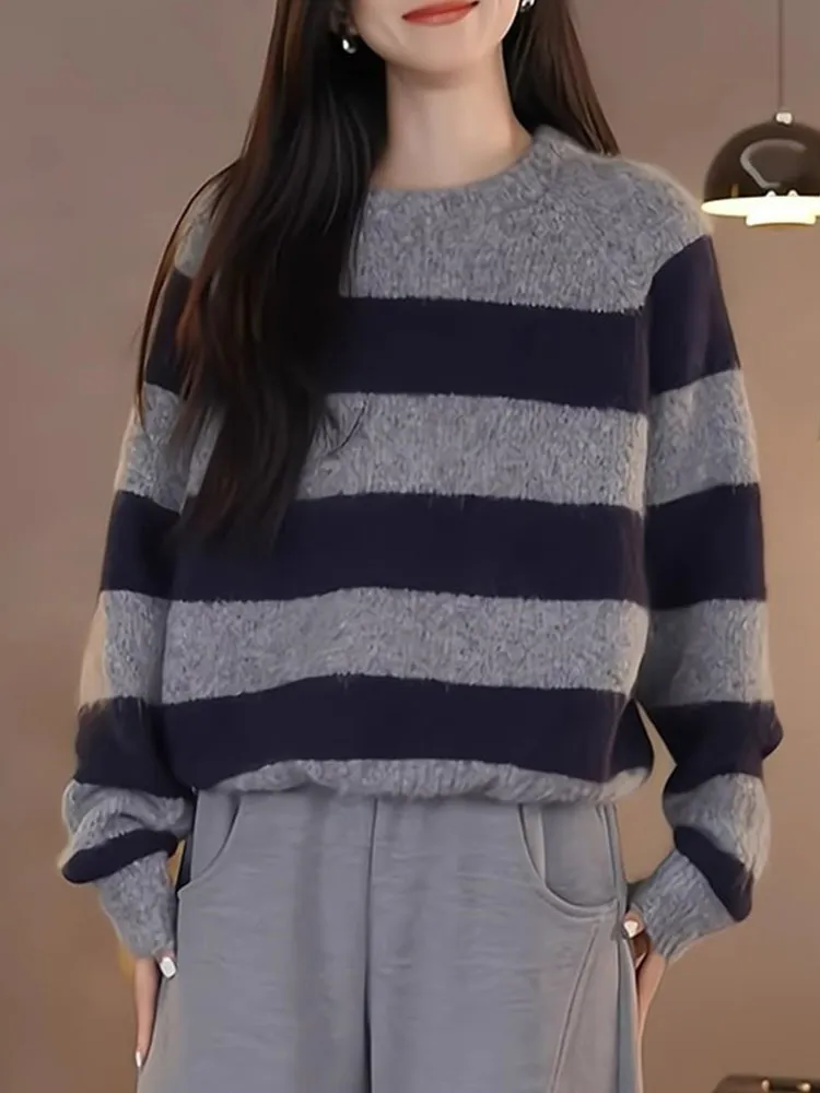 

Color Blo Faion round Ne Knitted Sweater Long Sve Women's Top Lazy Sle Woolen Pullover Slimming Autumn Winter Clothes