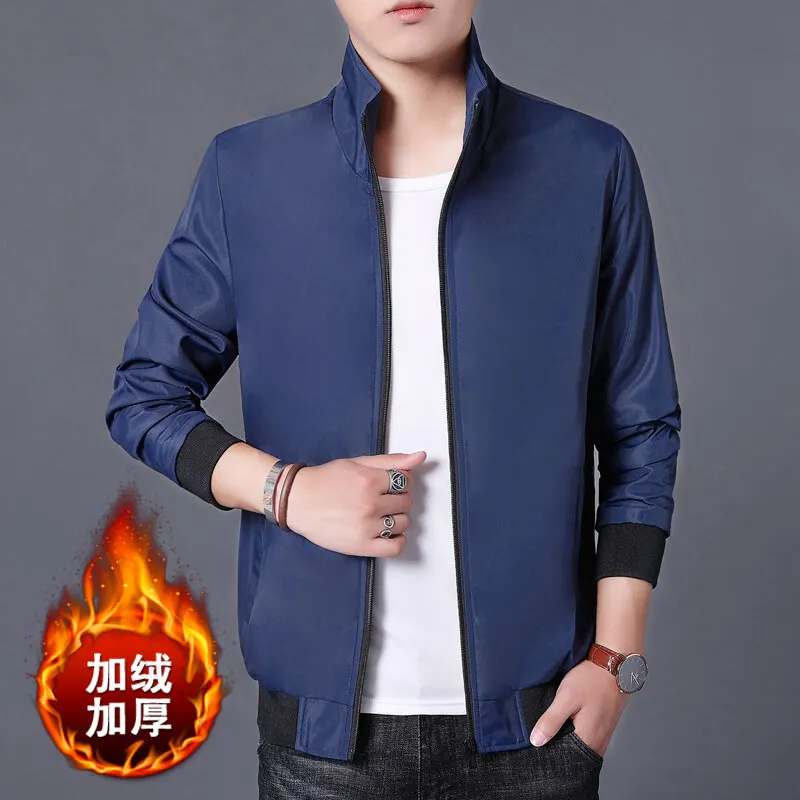 2023 New Men\'s Autumn and Winter Stand Collar Spliced Zipper Pocket Plush Jacket Fashion Solid Color Casual Versatile Coat