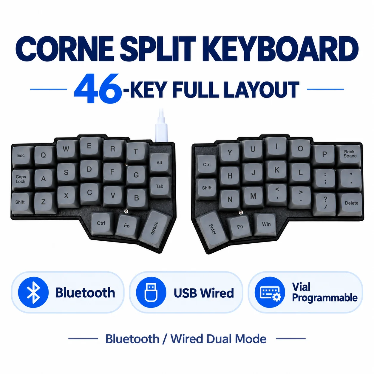 Corne 46-key Split Ergonomic Mechanical Keyboard Bluetooth Wired Dual Mode, Hot Swappable, Support RMK VIAL Programmable
