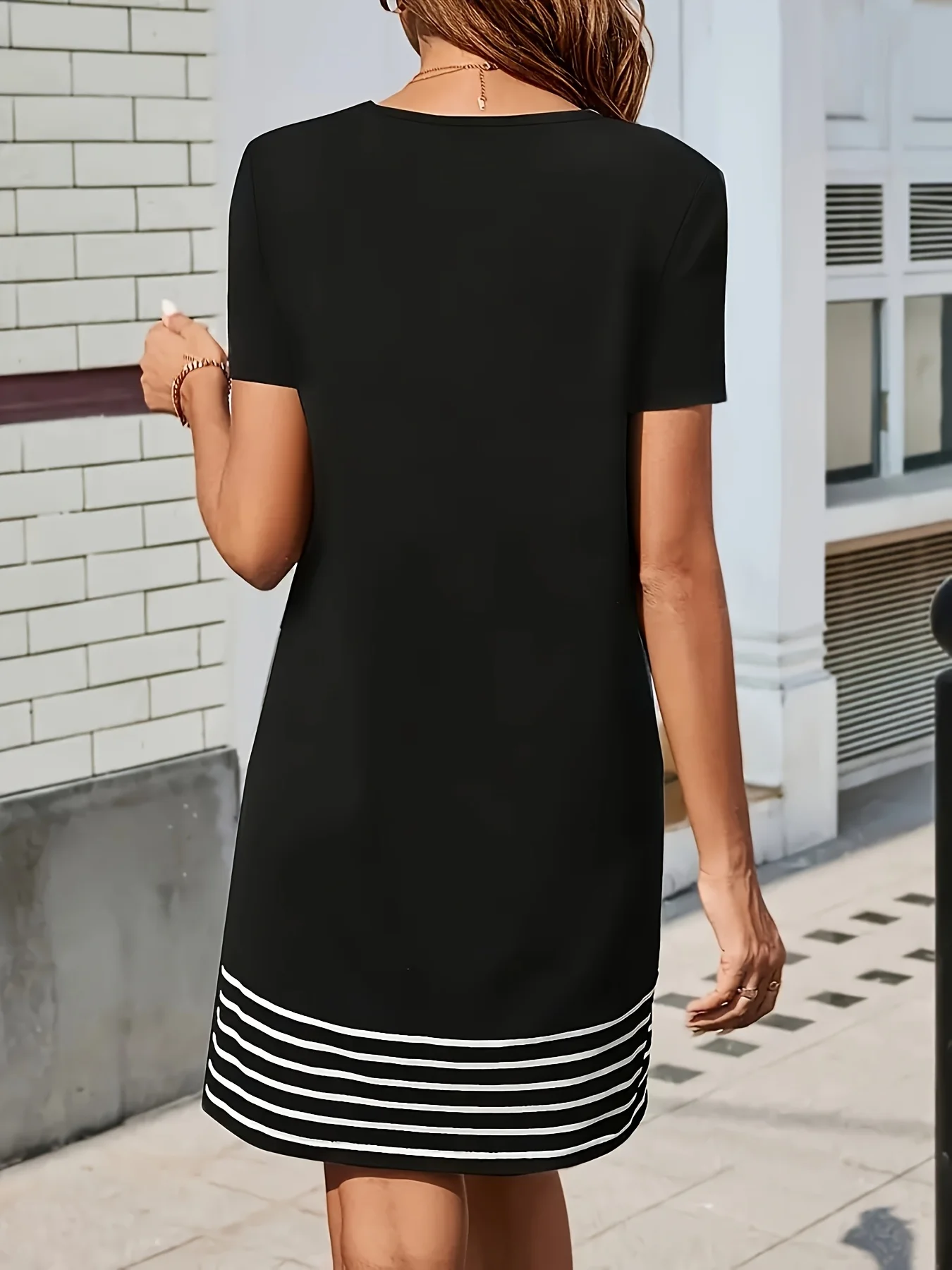 Women's Dress Casual Black Crew Neck Short Sleeve Striped Hem Pocket Mini Shift Summer dresses for Women plus size dresses