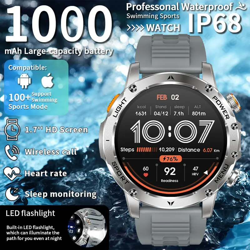 

LIGE 2026 New Smartwatches Military Grade 1000mAh Battery Smart Watch IP68 Waterproof Bluetooth Call 1.7 Inch IPS HD Men Sports