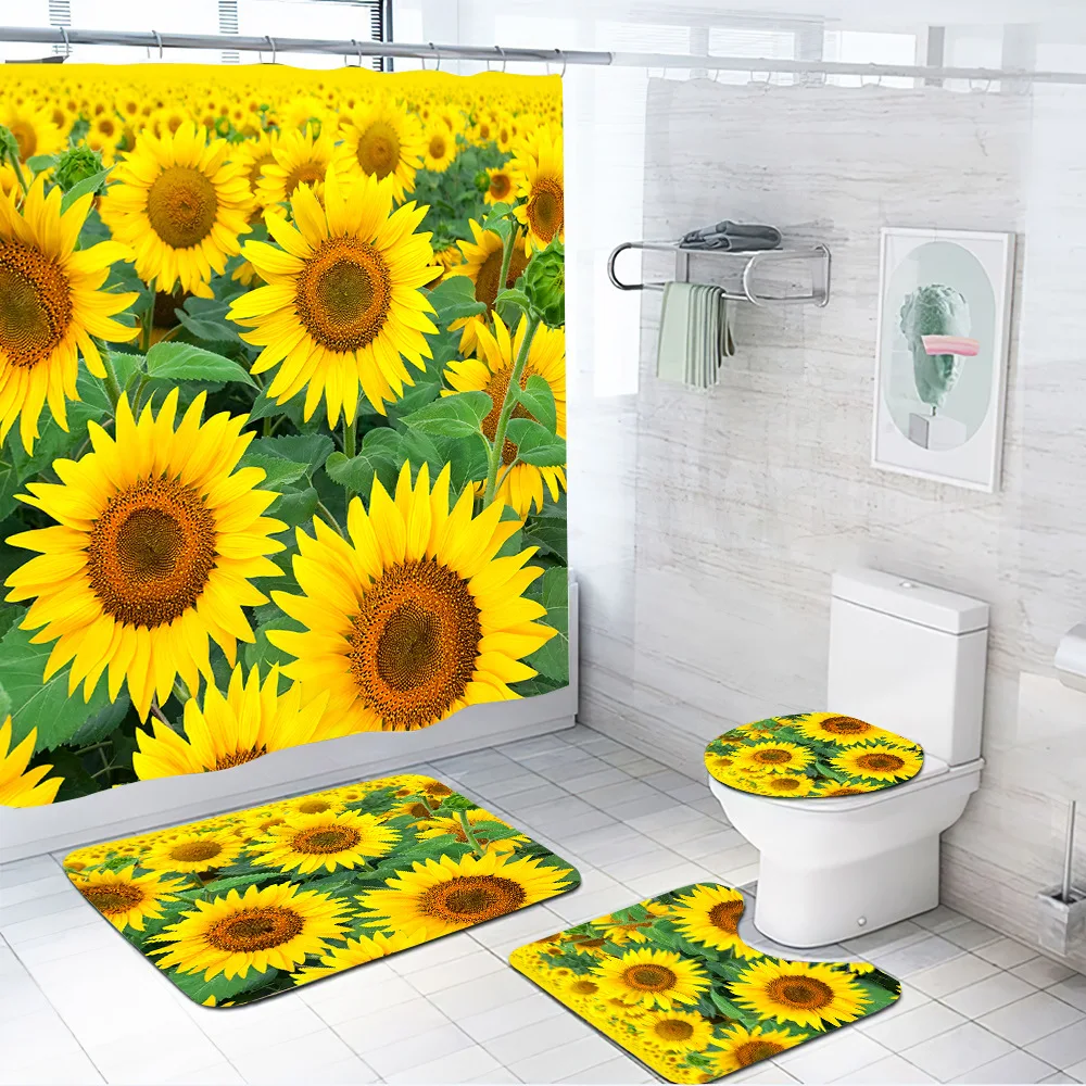 

Sunflower Waterproof Shower Curtain 4 Piece Bathroom Mats Set Toilet Lid Cover Rugs Anti Slip Carpets Shower Room Floor Mats