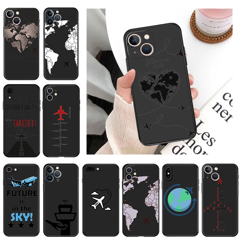 Black Matte Phone Case for iphone 16Pro 15 14 13 12 Mini 11 Pro Max 7 8 Plus X XS XR Airplane Heart World Map Rocket Soft Cover