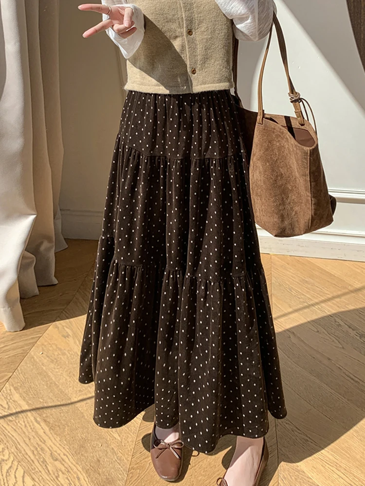 Vintage Polka Dots Long Skirt Women Spring Autumn French Elegant A Line Skirts High Waist Office Lady Retro Folds Casual Skirt