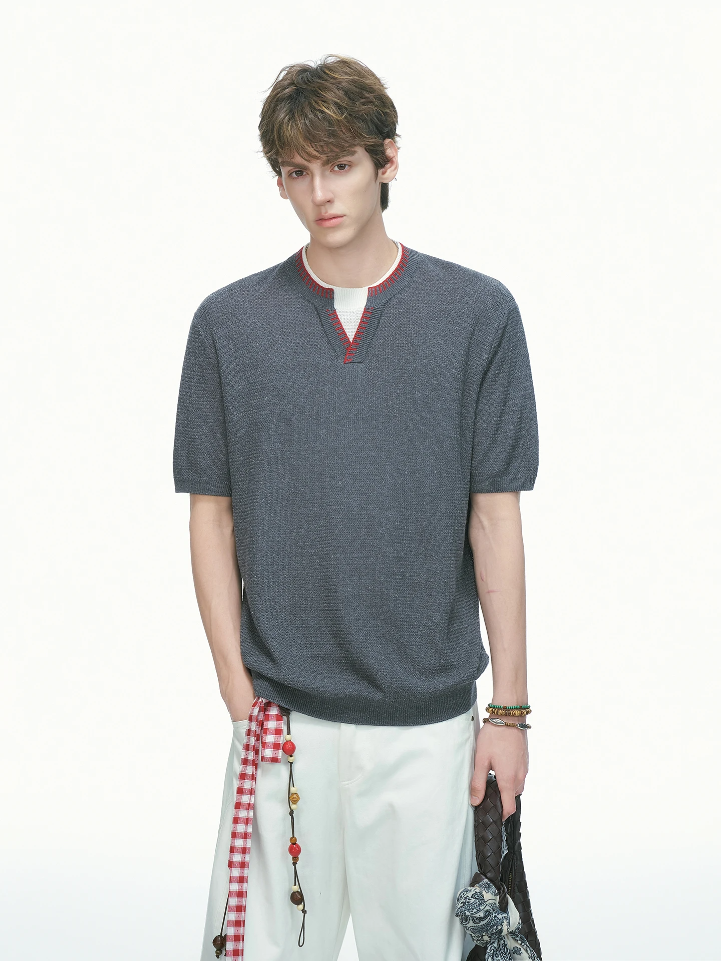 Dream Made Men's Short Sleeve T-Shirt Linen Blend Knitted Hand Sewn Seams Summer Casual Comfortable Breathable V-neck Tee