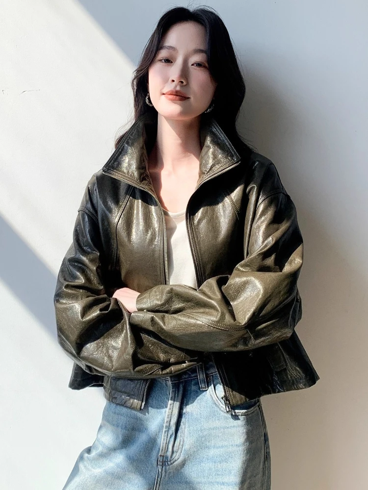 Casual Kurze Echtes Leder Jacken für Frauen Frühling Herbst High-end-Einfache Stehkragen Lose Weiche Öl Wachs Echt ziegenleder Mantel