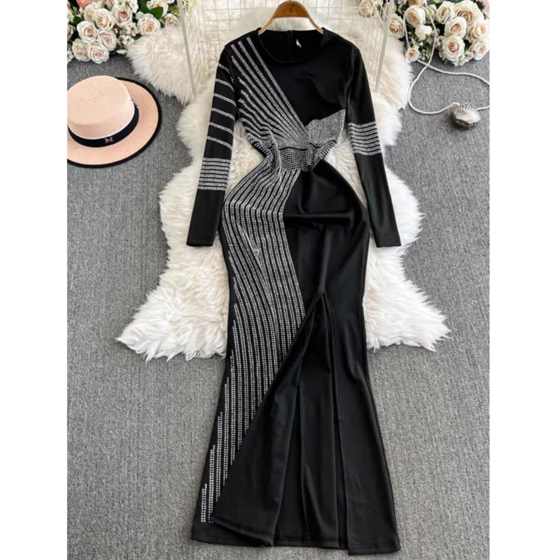 Evening Party for Women 2024 Winter Fashion Hot Diamond Split Slim Fit Long Sleeve Over Knee Velvet Dress