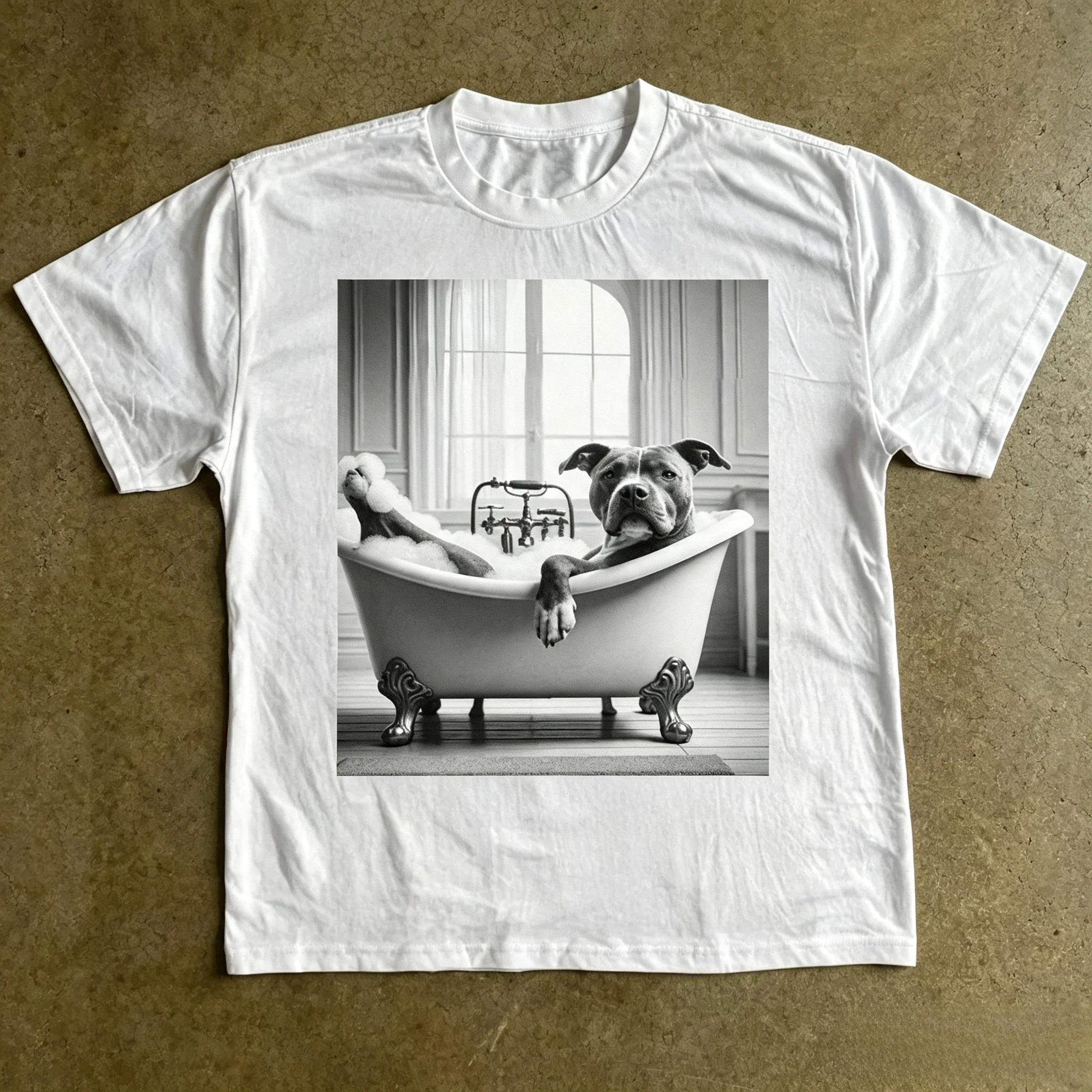 Pitbull in Bathtub Graphic T-shirt  Women Funny Dog Bath Photo Print Short Sleeve Cool Casual Streetwear Tops