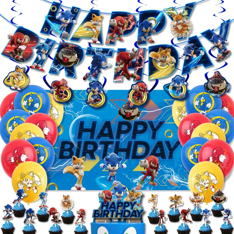 

Hot Anime Blue Hedgehog Birthday Party Decoration Aluminum Foil Balloon Kids Event Supplies Disposable Tableware Banner Backdrop