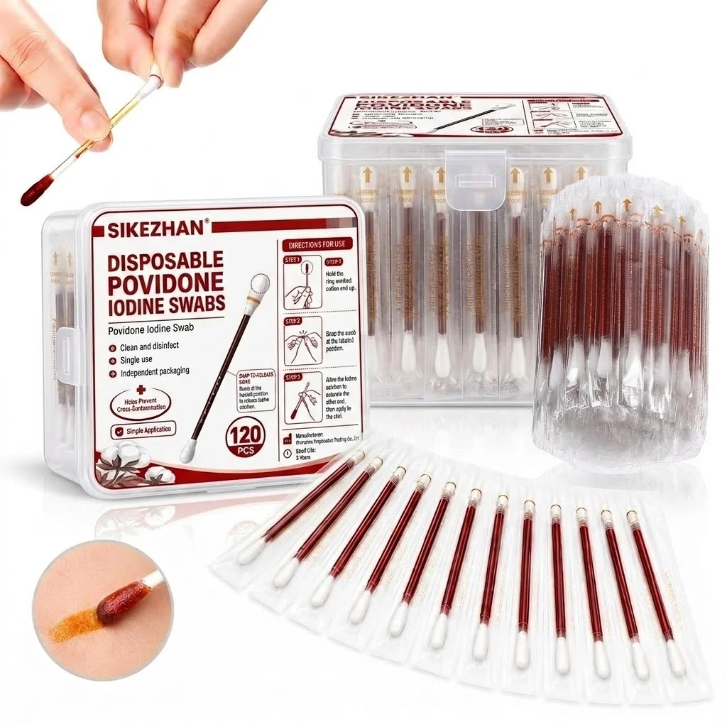 30/100+pcs Disposable Iodine Cotton Swab Outdoor Medical Alcohol Emergency First Aid Stick Wrapped Travel Outdoor Bruise Care
