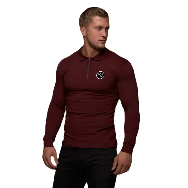 Autumn and Winter Men's Business Zipper Lapel Printed Cotton Bodybuilding Fitness Long-sleeved POLO Shirt