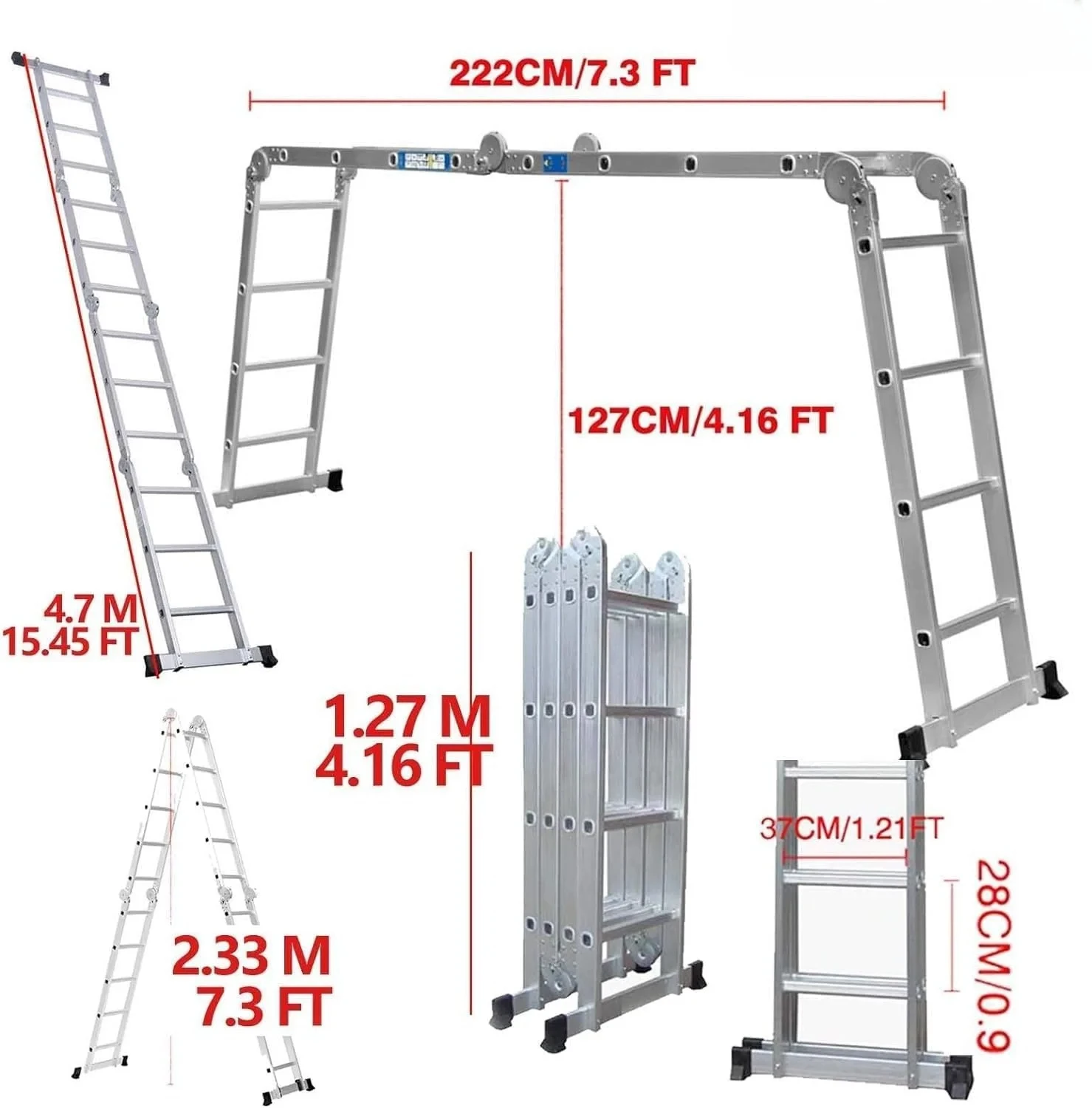 Krótka składana drabina aluminiowa 4,7 m 14 w 1 wielofunkcyjna kombinacja do domu DIY farba budowlana, czyszczenie z tacą na narzędzia