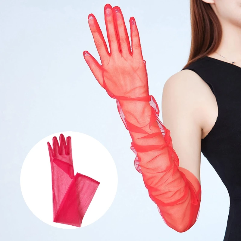 Exquisite Long Tulle Elbow Gloves 55cm Wedding Gloves Ultra Thin Stretchy Full Finger Mittens for Opera Party Concert image 2
