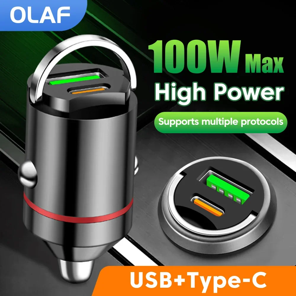 100W 2 Ports Pull Ring USB Car Charger Fast Charging Mini Type C Phone Charger in Car For iPhone Samsung Huawei Xiaomi QC 3.0