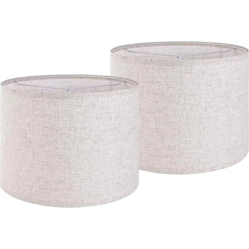 

Set of 2 Drum Lampshades for Table,Floor&Bedside Lamps-13 * 13 * 10inch,Medium Beige Gray Shades-Natural Fabric Spider Fitter