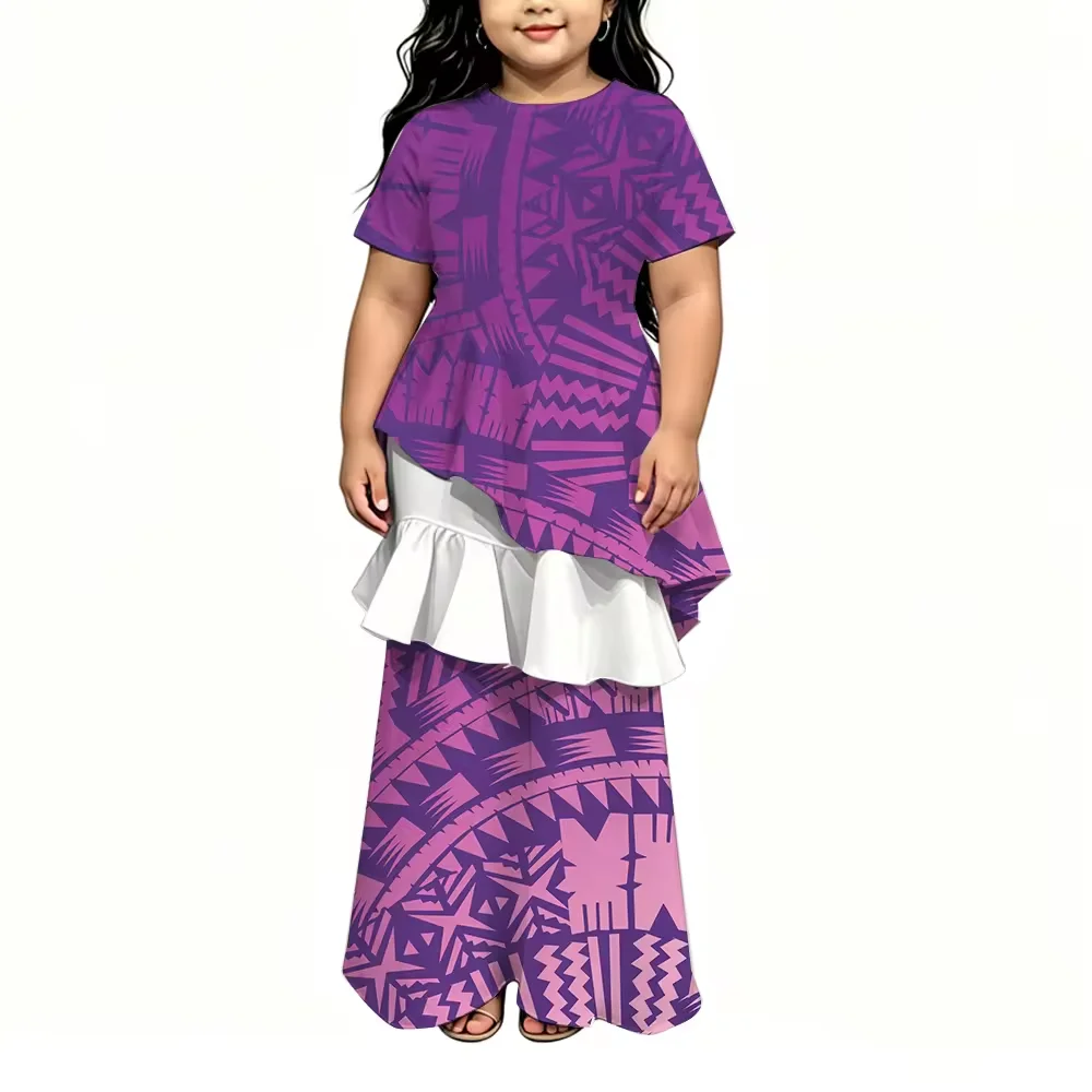 Custom Summer Polynesian Maxi Dress Purple White Hibiscus Vintage Tribal Geometric Print Short Sleeve Casual Daily Long Gown
