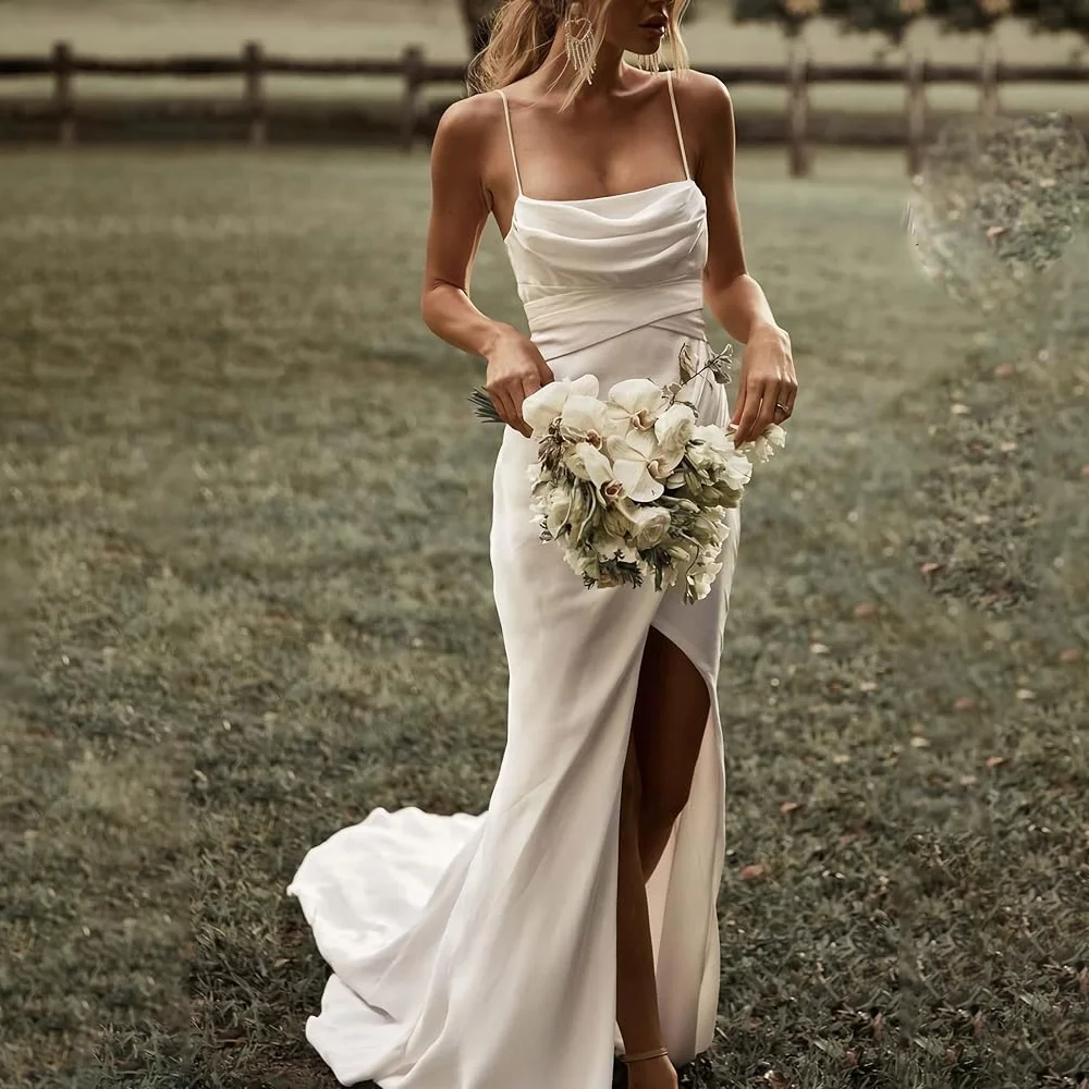 Gaun Pengantin Putih Sederhana Model Mermaid Custom, Tali Spaghetti, Belahan Tinggi, Satin, Tanpa Punggung, Polos, Ekor Sapu, Vestidos
