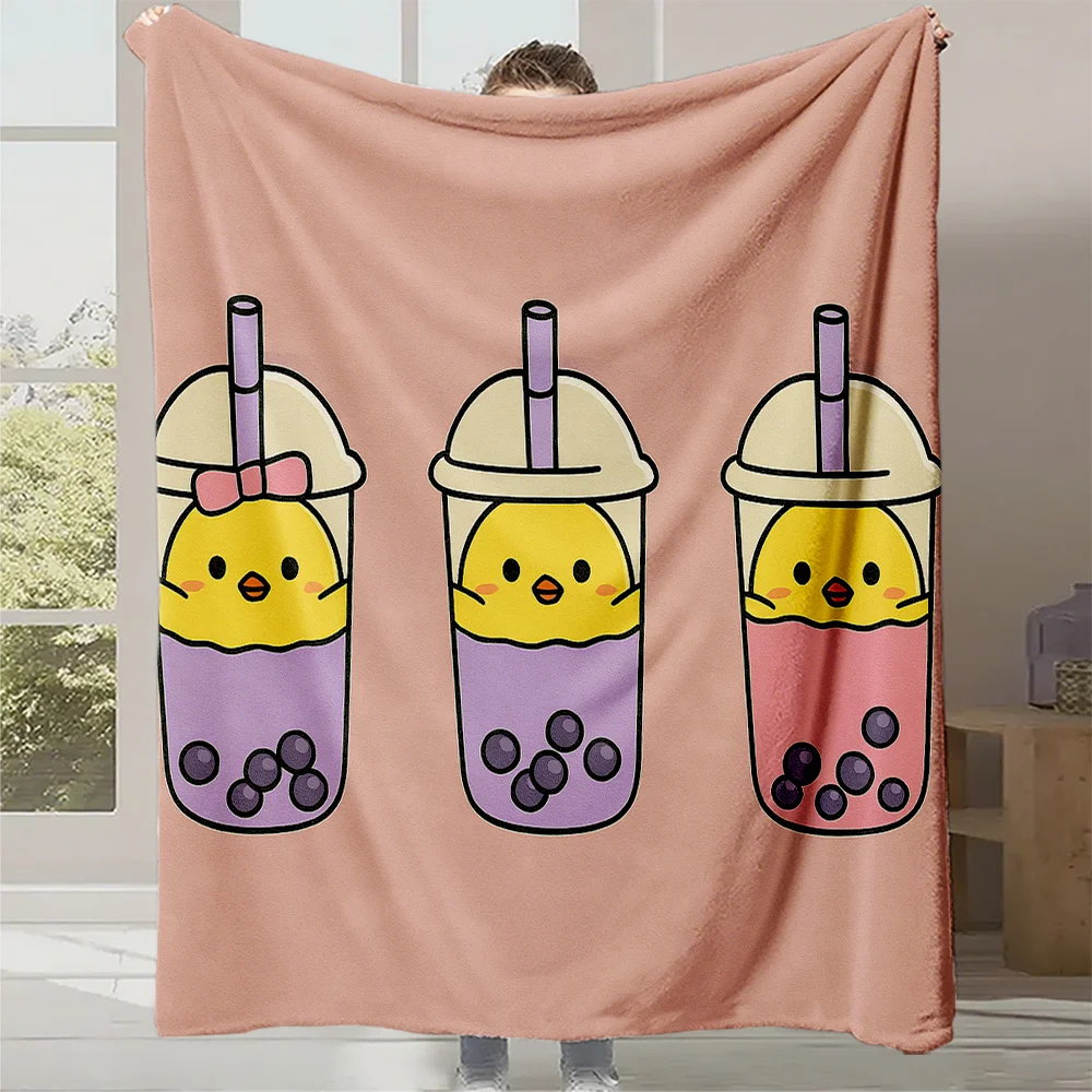 1pc Cute Chibi Chick & Boba Milk Tea Print Plush Fleece Blanket - Soft Pink Kawaii Anime Bedspread with Chicks, Tapioca Pearls