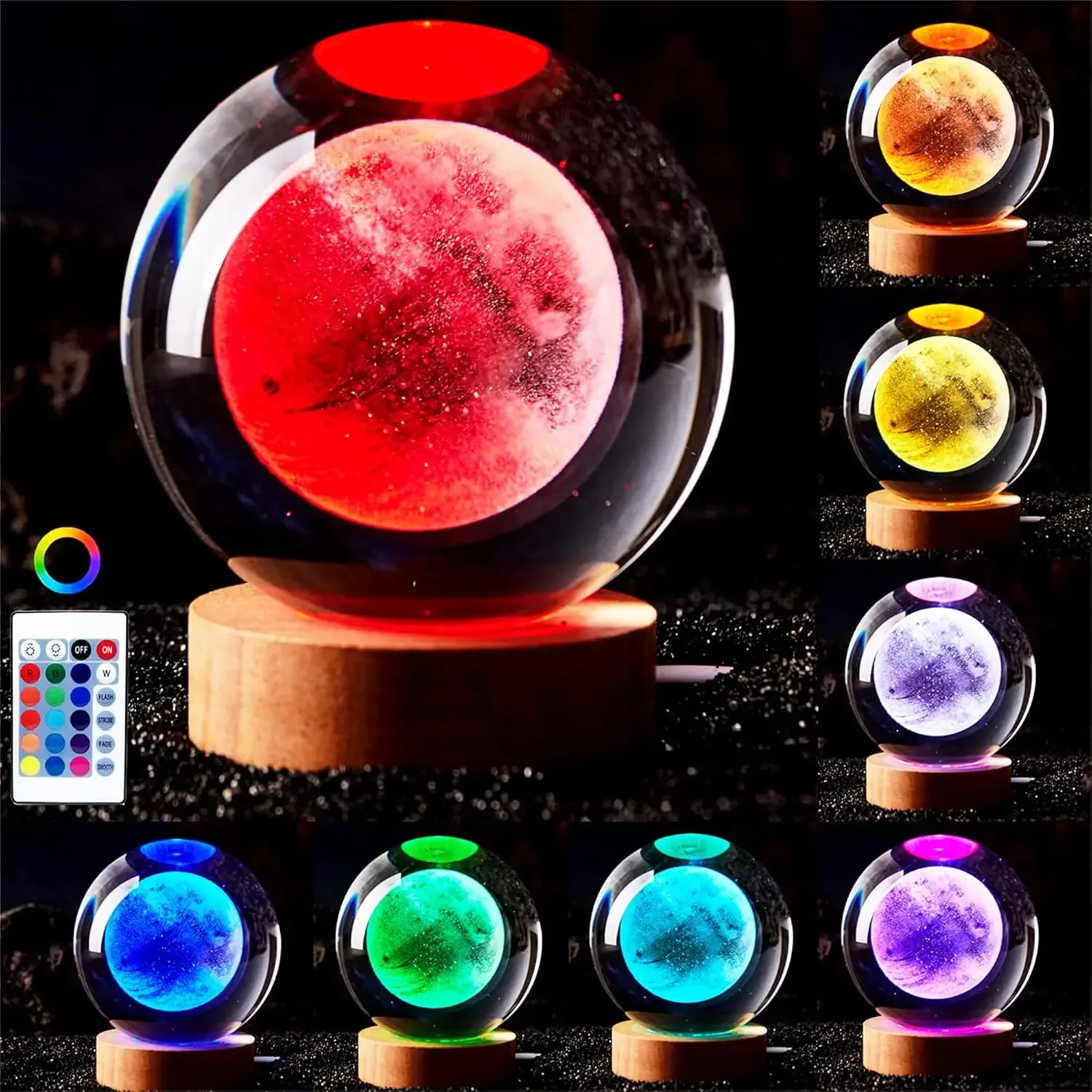 3D Moon Crystal Ball Lamp Night Light with Wooden Base 16 Colors Changing Light Dimmable Remote Control Desk lamp Gift